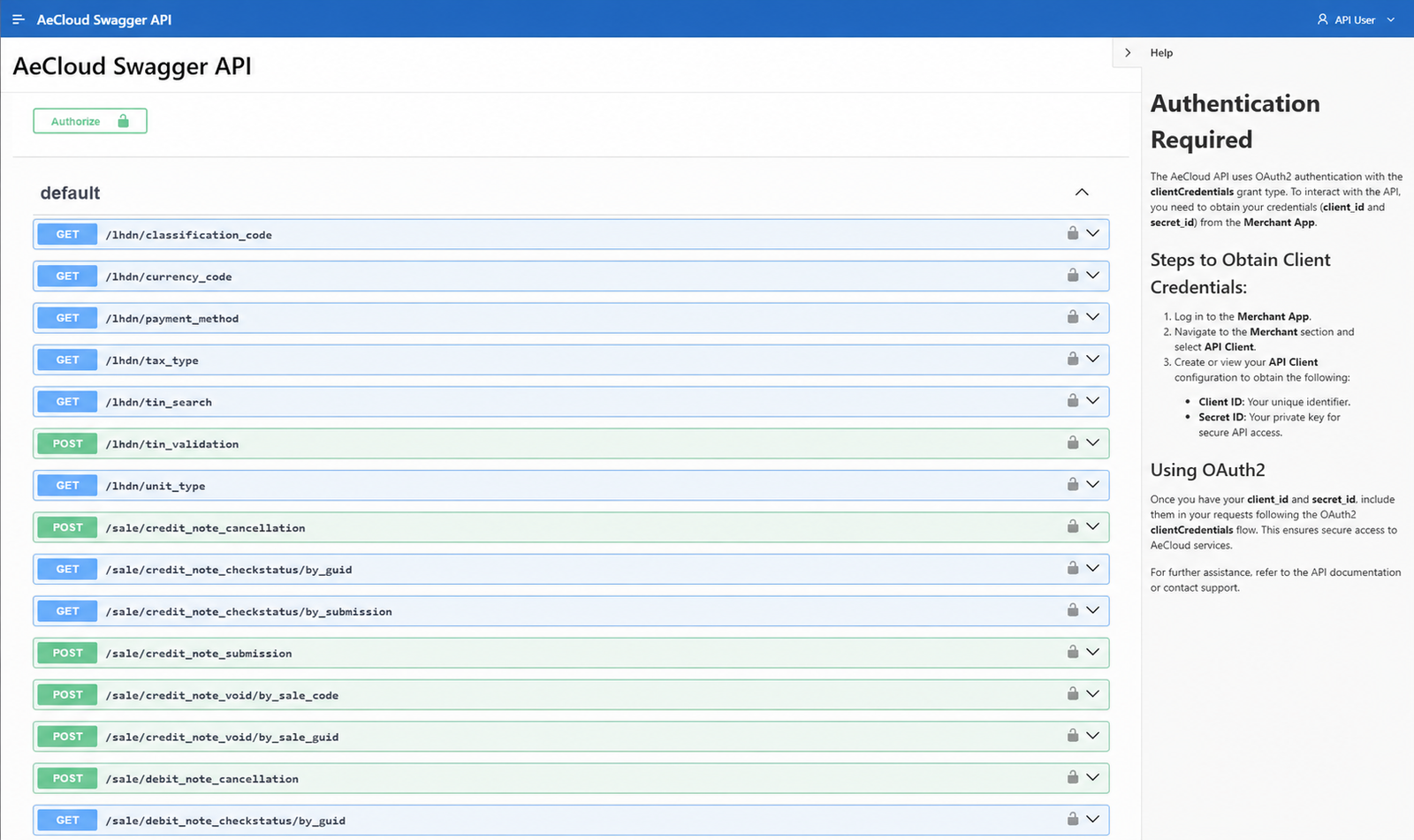 AeCloud API documentation showing integration services